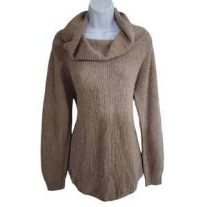 Tahari Tan Knit Draped Collar Preppy Fall Office Merino Blend Sweater - Women's